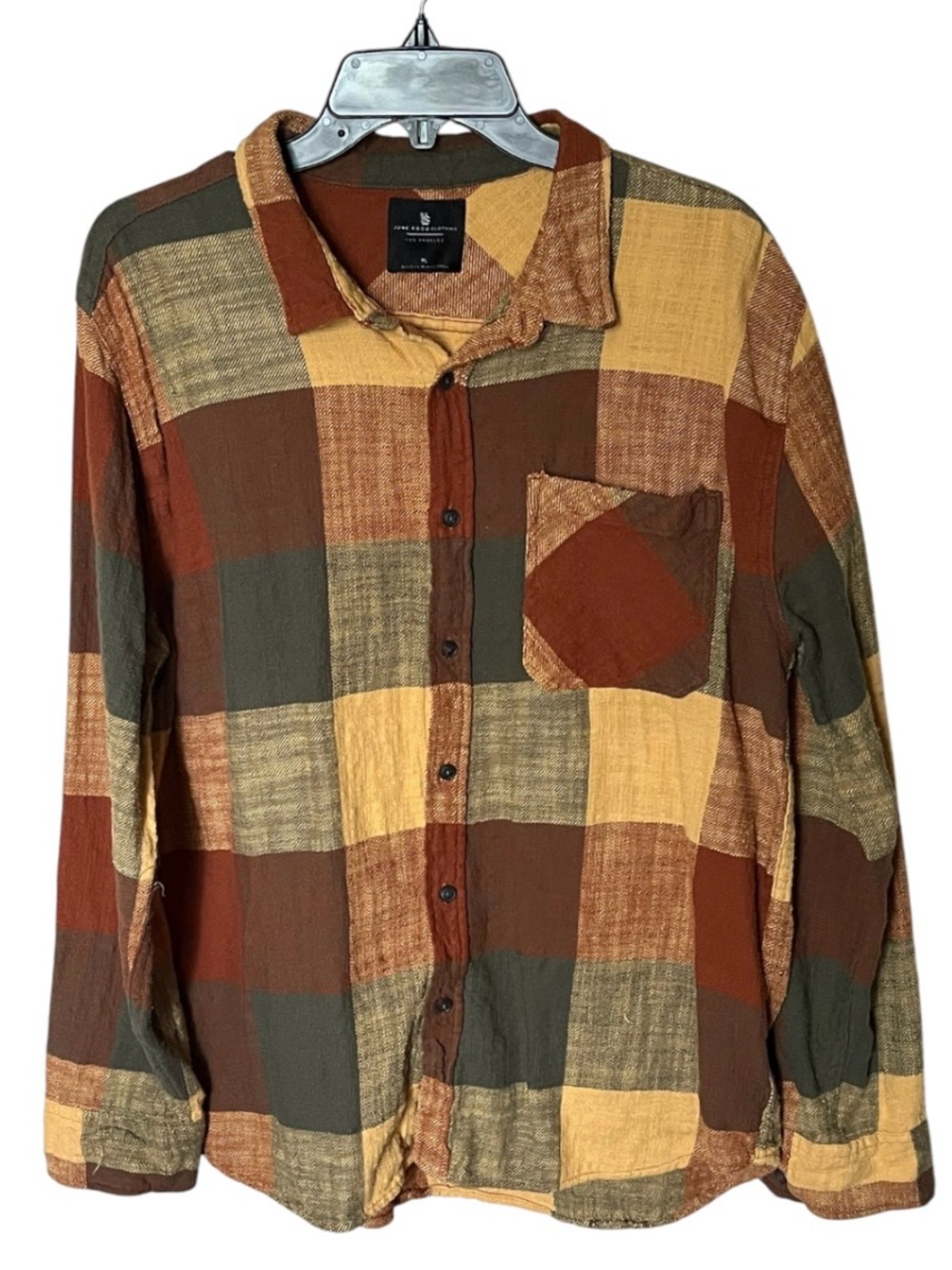 Junk Food Clothing 100% Cotton Patchwork Plaid Button-Down Shirt Size XL *FLAW